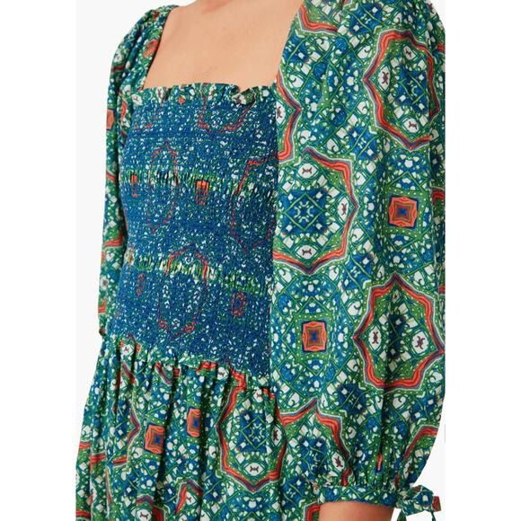 Cara Cara Moroccan Tile Teal Jazzy Midi Dress Size Large Boho Smocked Dress - Picture 3 of 12